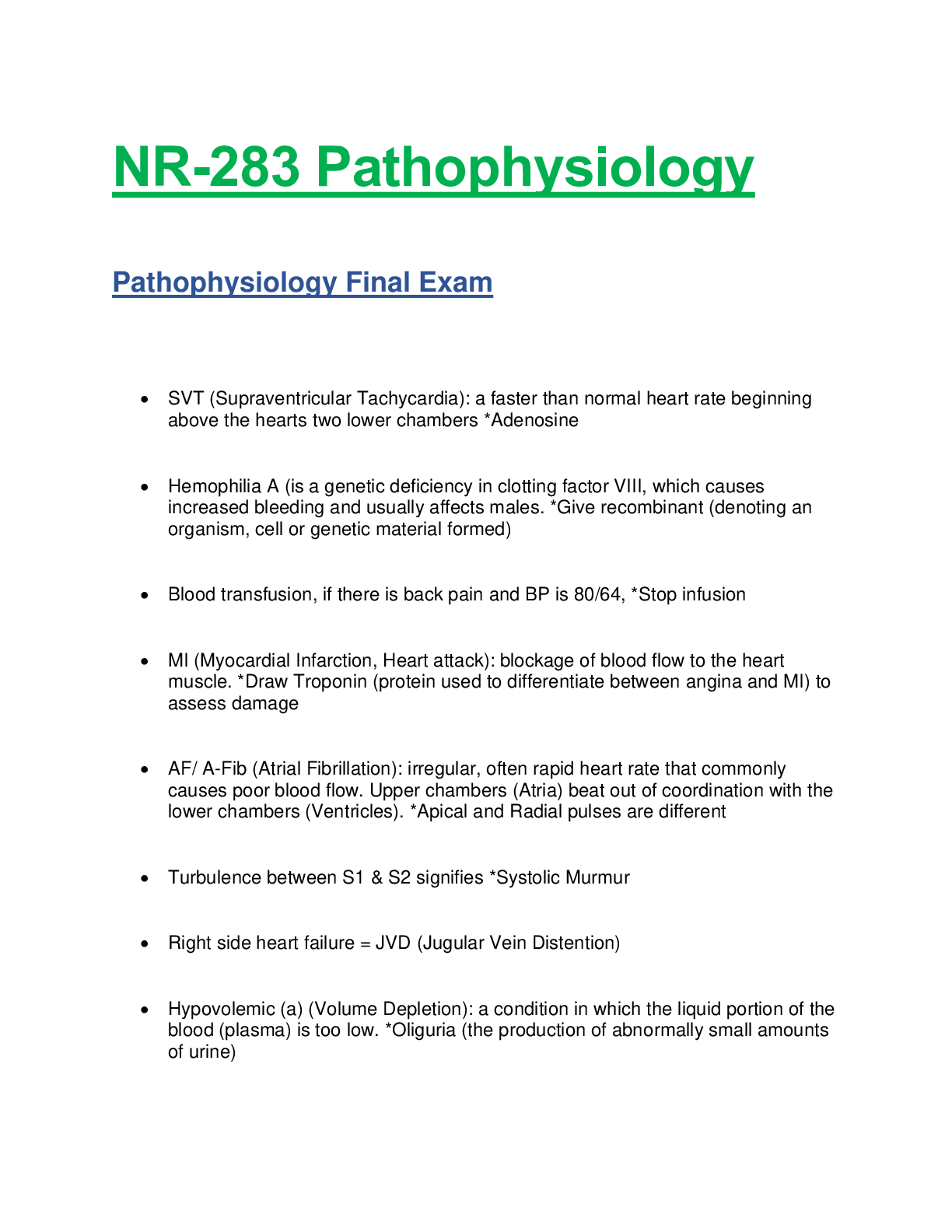 Preview of NR 283 / NR283: Pathophysiology Final Exam Review (Latest Update) Chamberlain College of N